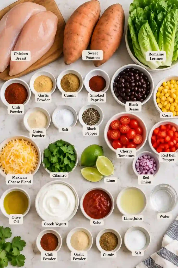 A Tex Mex Chicken Sweet Potato Bowl filled with seasoned chicken, roasted sweet potatoes, black beans, corn, romaine, tomatoes, and peppers. The colorful bowl is topped with creamy yogurt sauce and fresh cilantro.