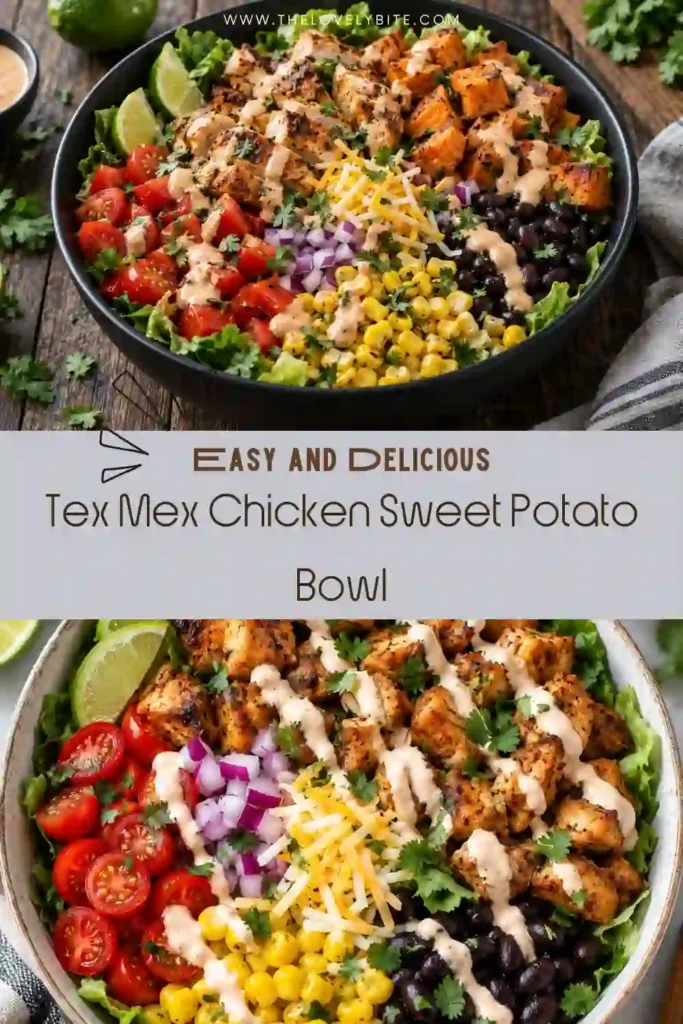 A roasted sweet potato bowl layered with seasoned chicken, black beans, corn, romaine lettuce, cherry tomatoes, peppers, and red onion. Fresh cilantro and creamy Tex-Mex yogurt sauce finish the meal.