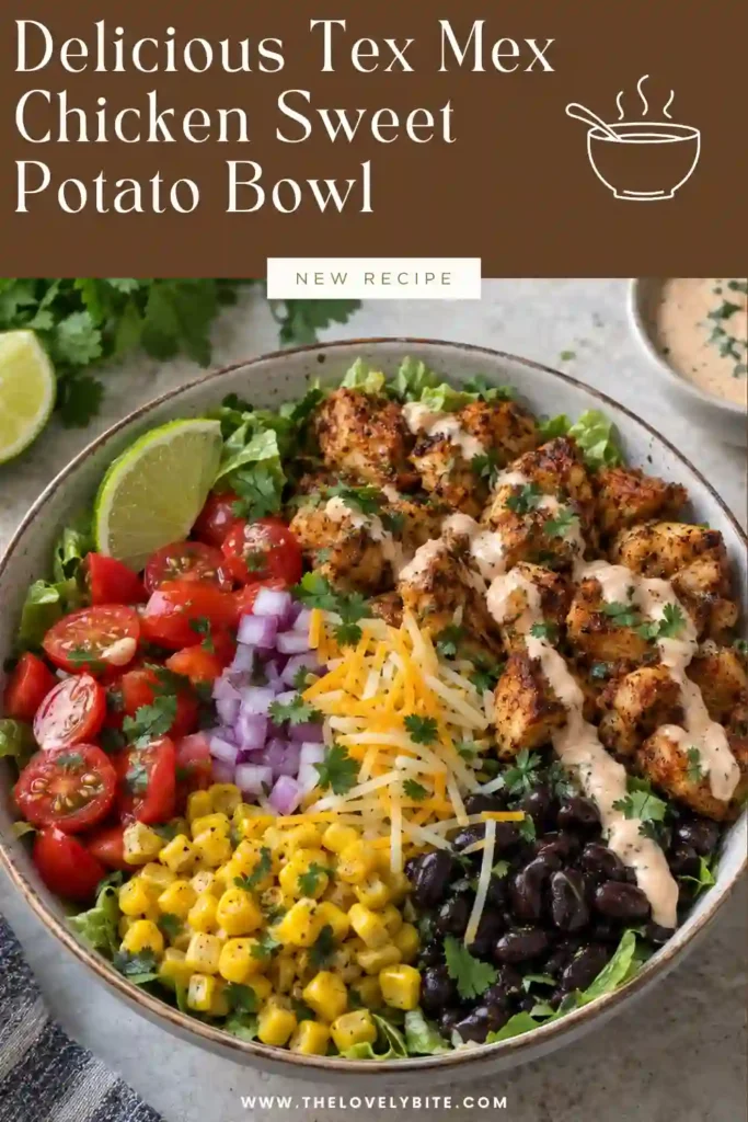 A Mexican chicken bowl served with roasted sweet potatoes, black beans, corn, tomatoes, red bell pepper, and romaine lettuce. The bowl is finished with shredded Mexican cheese, cilantro, lime, and creamy sauce.