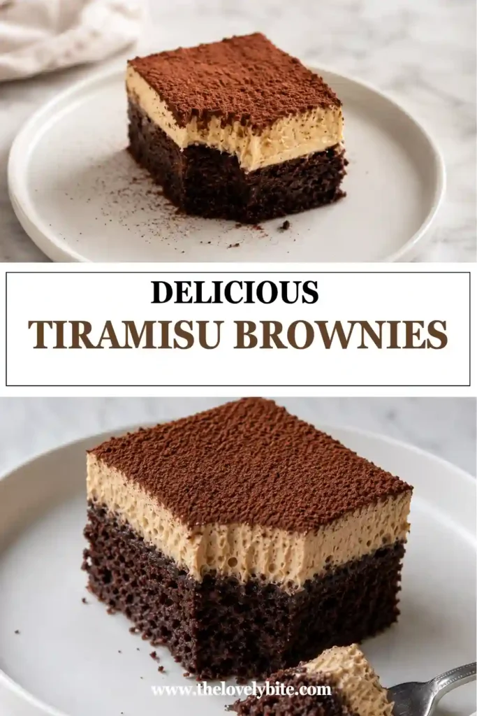 Tiramisu brownies with a fudgy chocolate brownie base and creamy mascarpone coffee topping. The brownies are finished with a light dusting of cocoa powder.