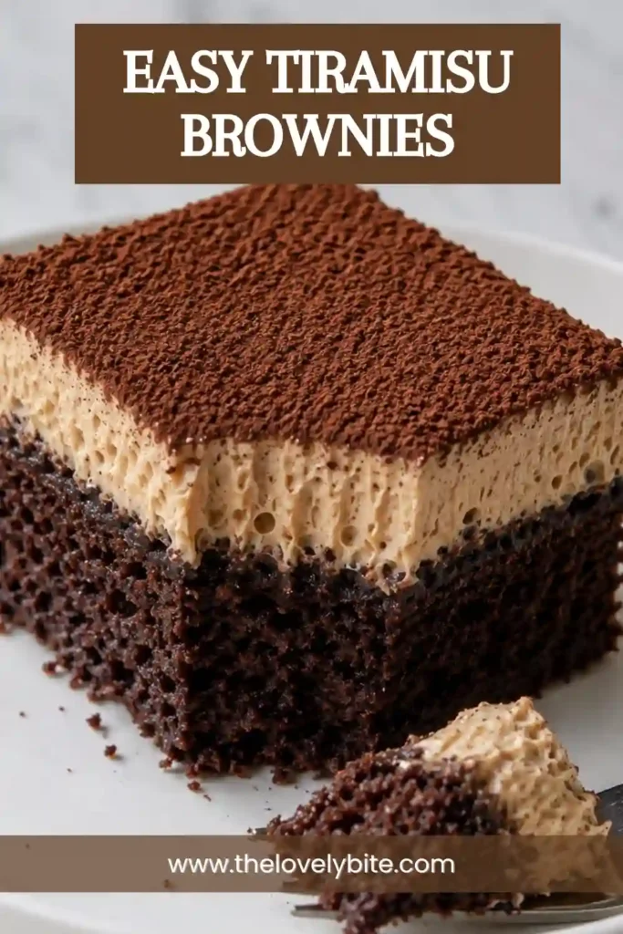 Homemade tiramisu brownies cut into neat squares with a thick mascarpone coffee topping. The dessert has a rich chocolate color and a smooth creamy layer.
