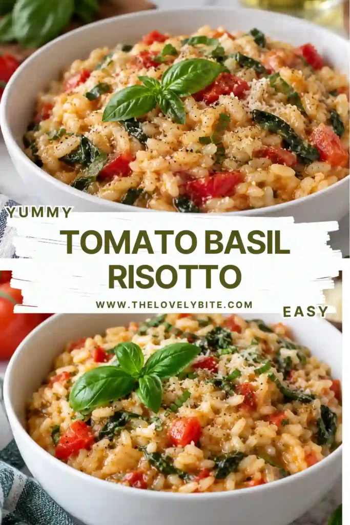 A bowl of Tomato Basil Risotto with creamy Arborio rice, fresh chopped tomatoes, spinach, basil, and Parmesan cheese. The colorful risotto has a rich, creamy texture and fresh Italian-inspired flavors.