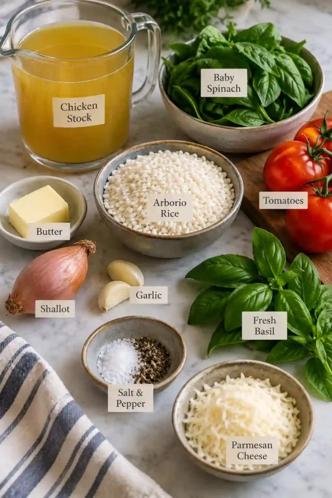 Fresh Tomato Basil Risotto served as a creamy homemade Italian-inspired dish with spinach, Parmesan, and Arborio rice. The risotto has a soft, glossy texture and vibrant tomato and basil colors.
