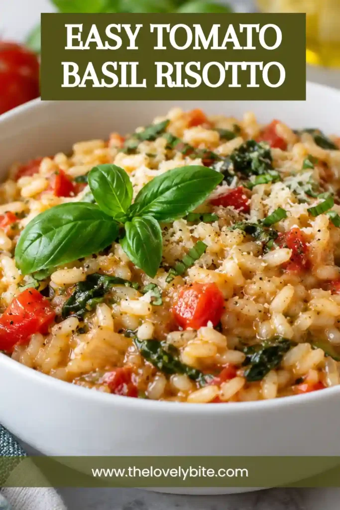 Homemade tomato risotto made with Arborio rice, ripe tomatoes, fresh basil, spinach, and Parmesan. The creamy rice is served warm with vibrant red and green ingredients throughout.