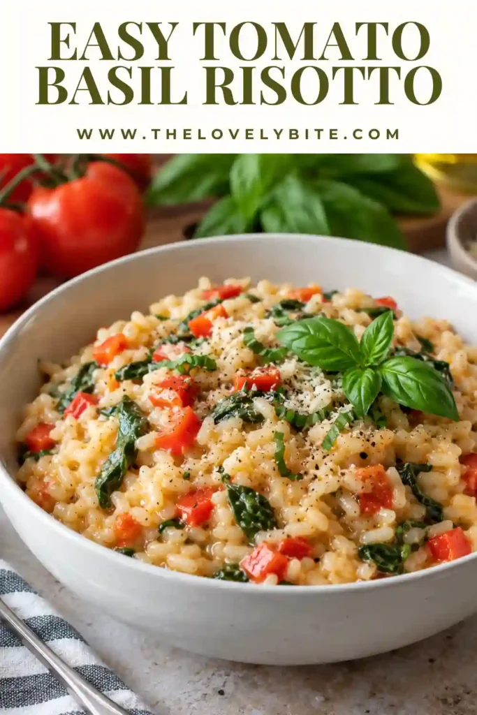 A serving of creamy basil risotto featuring Arborio rice, vine-ripened tomatoes, baby spinach, fresh basil, and Parmesan cheese. The dish has a smooth consistency with colorful vegetables scattered throughout.