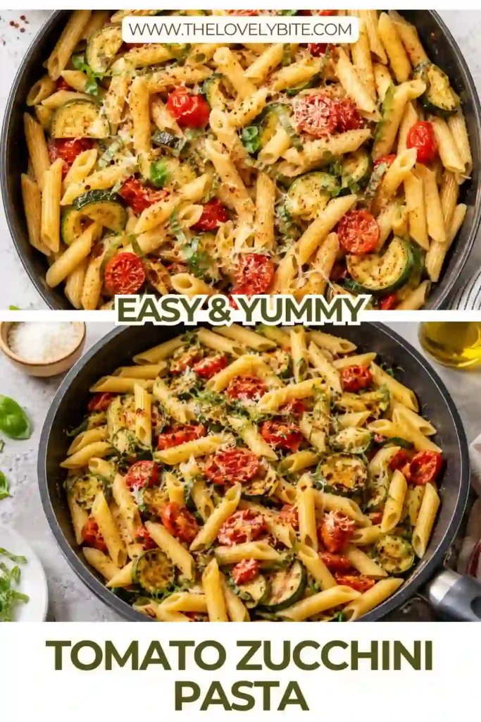 A plate of tomato zucchini pasta with golden zucchini, cherry tomatoes, garlic, Parmesan, and fresh basil. The colorful vegetables are tossed with pasta for a fresh and comforting vegetarian dinner.