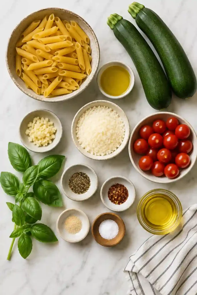 Homemade tomato zucchini pasta topped with fresh basil and grated Parmesan. Tender zucchini and cherry tomatoes create a colorful, vegetable-filled pasta dinner.