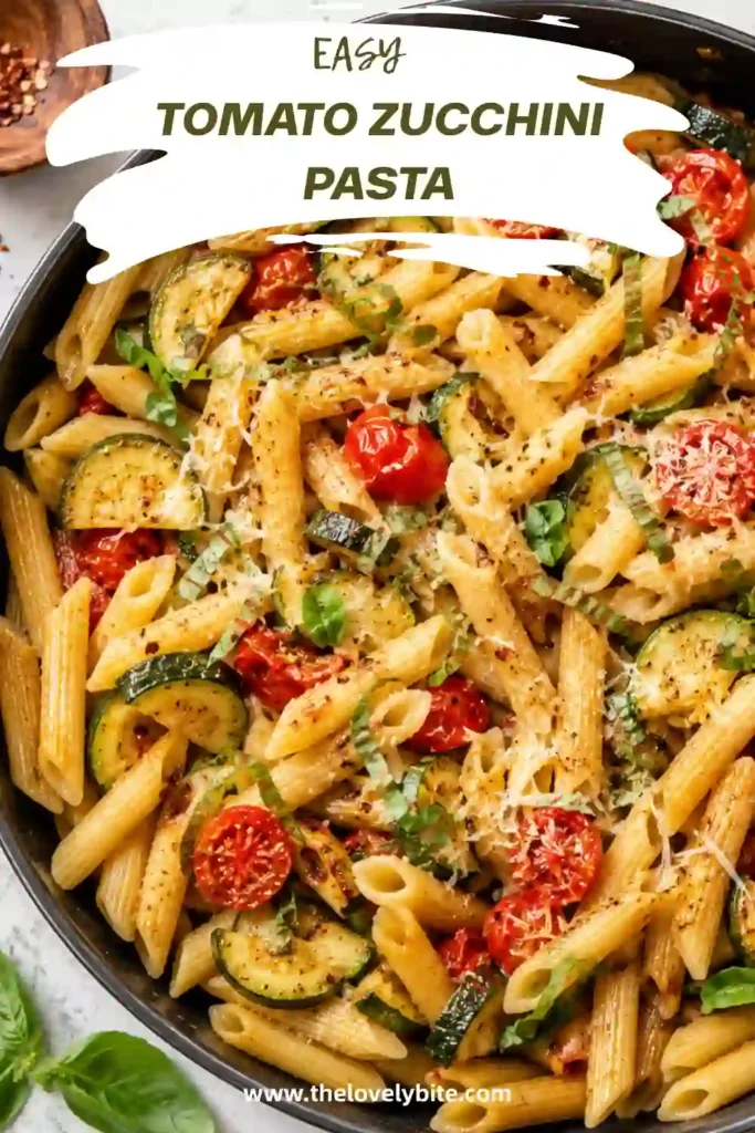 Tomato zucchini pasta served with tender zucchini slices, softened cherry tomatoes, garlic, Parmesan, and basil. The pasta has a light, flavorful vegetable coating and a fresh Italian-inspired appearance.