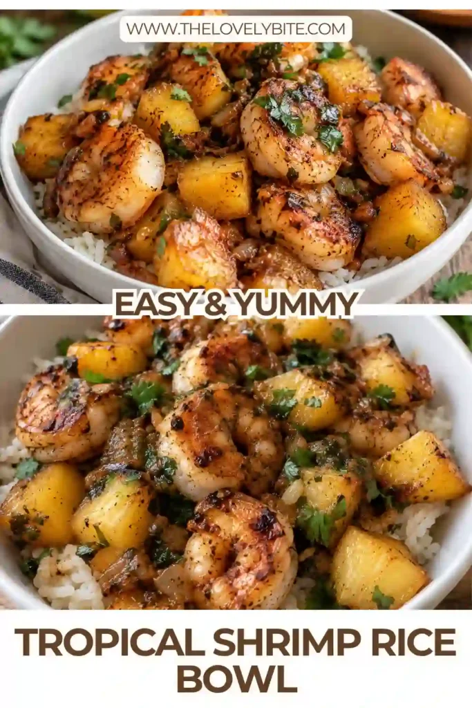 A tropical shrimp rice bowl filled with juicy shrimp, caramelized pineapple, and fluffy jasmine rice. The bowl is finished with a glossy lime-chili sauce and fresh cilantro.