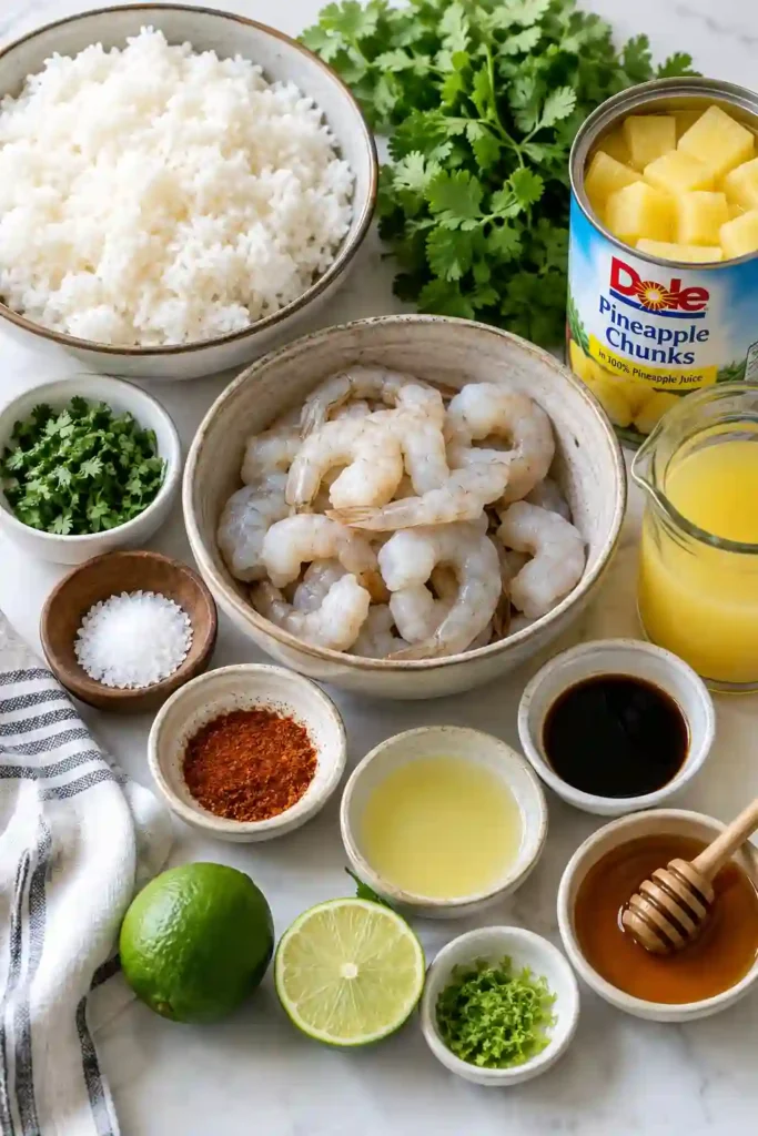 Tropical shrimp and pineapple served over fluffy jasmine rice in a colorful rice bowl. The shrimp is finished with a sweet, savory, tangy lime-chili sauce and fresh cilantro.