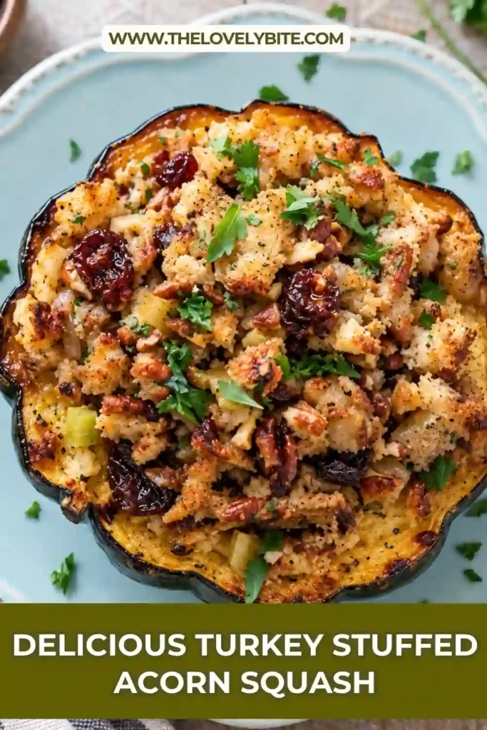 Turkey stuffed acorn squash served as a warm fall dinner with a golden roasted squash exterior. The filling features ground turkey, dried cranberries, chopped apple, thyme, and Parmesan.