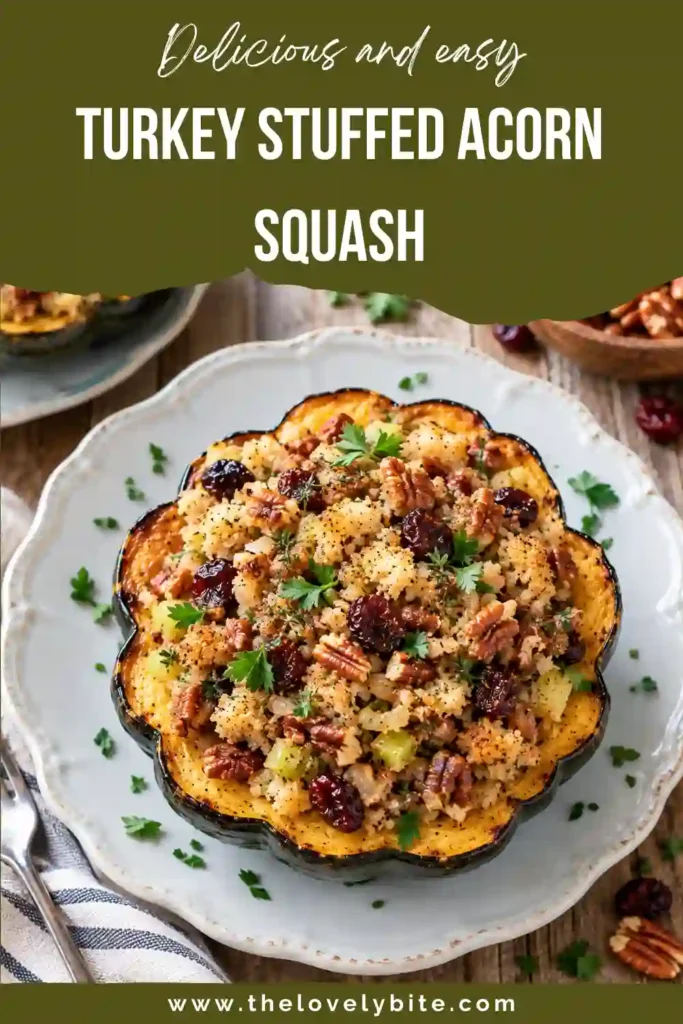 A close-up of acorn squash stuffed with seasoned ground turkey, celery, onion, apple, cranberries, breadcrumbs, and Parmesan. The roasted squash has golden edges and a tender, flavorful center.