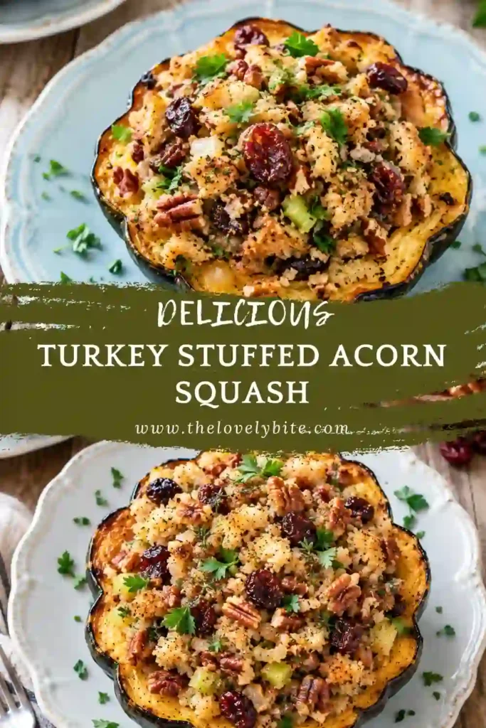 Homemade turkey stuffed acorn squash arranged on a serving plate for a seasonal family dinner. Roasted squash is filled with turkey, apple, cranberries, vegetables, and herbs.