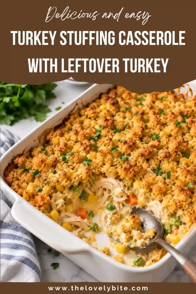 Turkey Stuffing Casserole baked with leftover turkey, mixed vegetables, creamy chicken soup, and a golden stuffing topping. This easy leftover turkey casserole is served warm for a comforting family dinner.