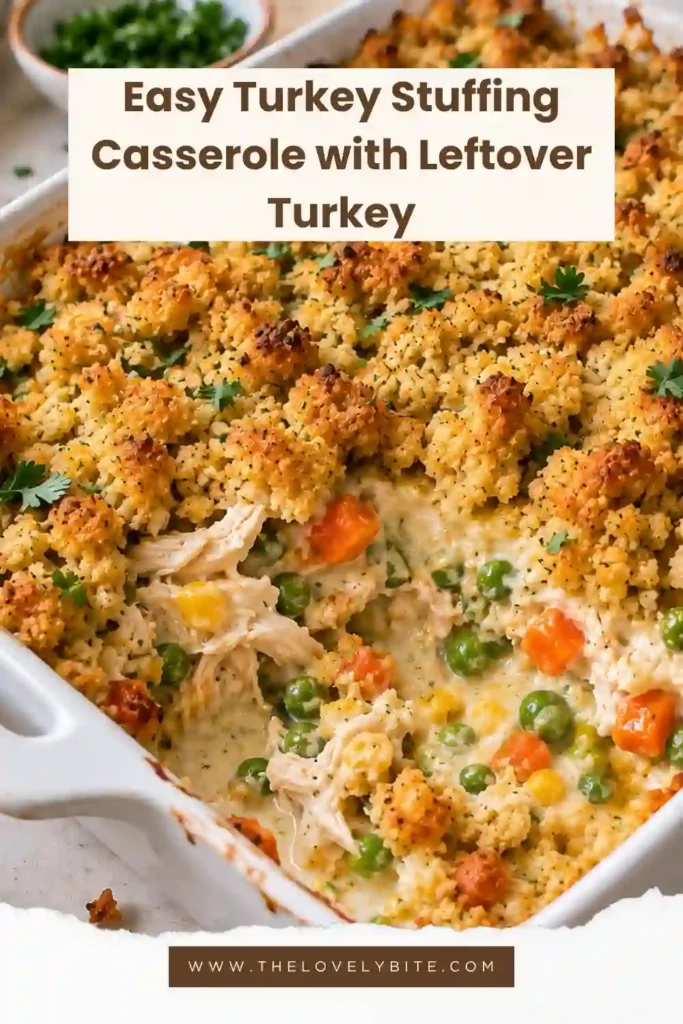 Homemade Turkey Stuffing Casserole with tender turkey and vegetables beneath a buttery golden stuffing layer. The creamy turkey and stuffing casserole is baked in a casserole dish until hot and bubbly.