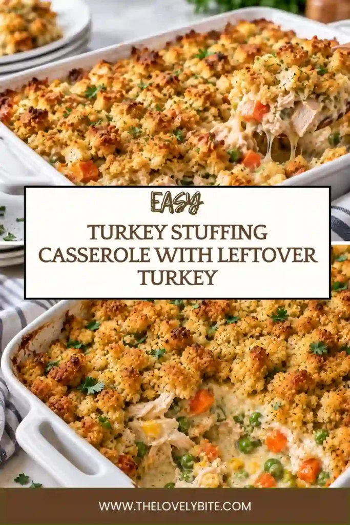 A warm serving of Turkey Stuffing Casserole made with cubed leftover turkey, mixed vegetables, celery, and savory stuffing. Warm gravy adds a rich finish to this easy turkey casserole.