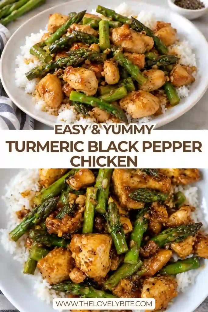 Golden turmeric black pepper chicken with tender asparagus in a glossy honey garlic sauce, served in a skillet. The chicken is coated in warm turmeric spices and freshly cracked black pepper for a colorful, flavorful dinner.
