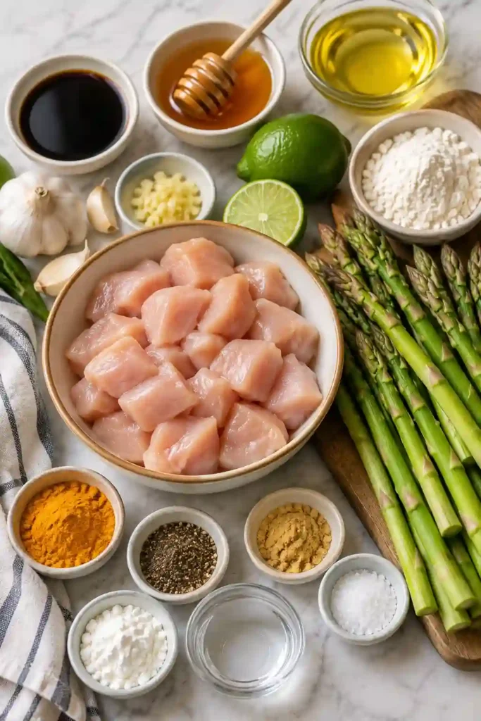 Easy turmeric chicken skillet with golden chicken breast pieces, fresh asparagus, and a sweet honey soy sauce. This colorful chicken and asparagus skillet is a simple family-friendly dinner made in about 30 minutes.