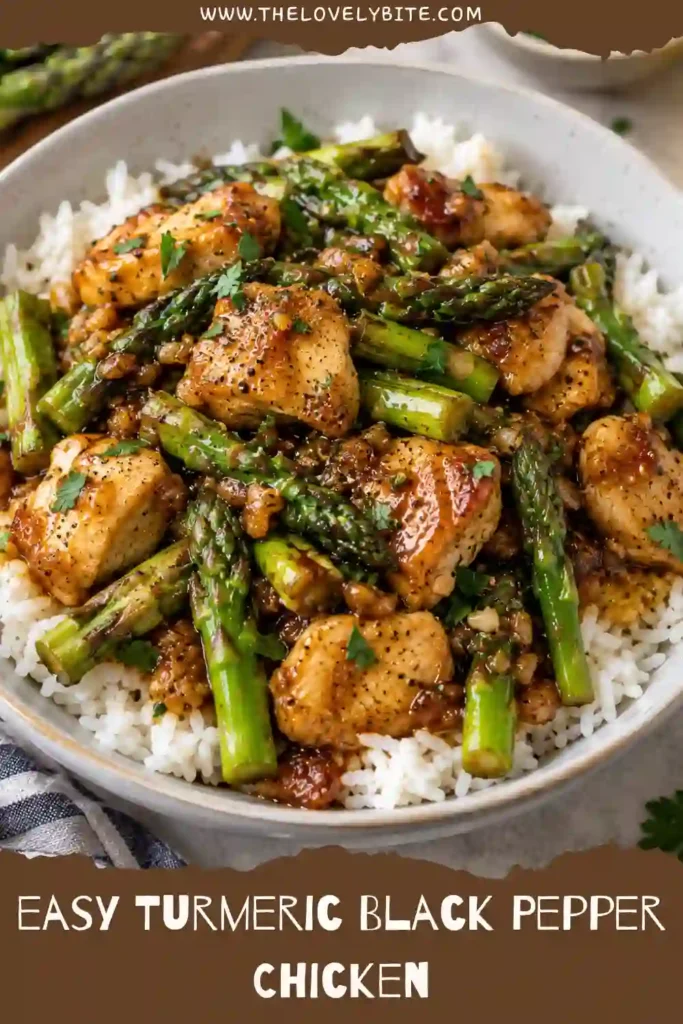 Turmeric black pepper chicken served over fluffy white rice with tender asparagus and a sweet honey soy sauce. Golden chicken pieces are coated in a glossy garlic glaze for an easy, satisfying dinner.