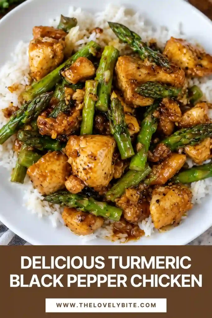 Close-up of golden turmeric black pepper chicken coated in a thick honey garlic sauce with freshly cracked black pepper. Tender chicken pieces and asparagus are covered in a glossy sweet-savory glaze.
