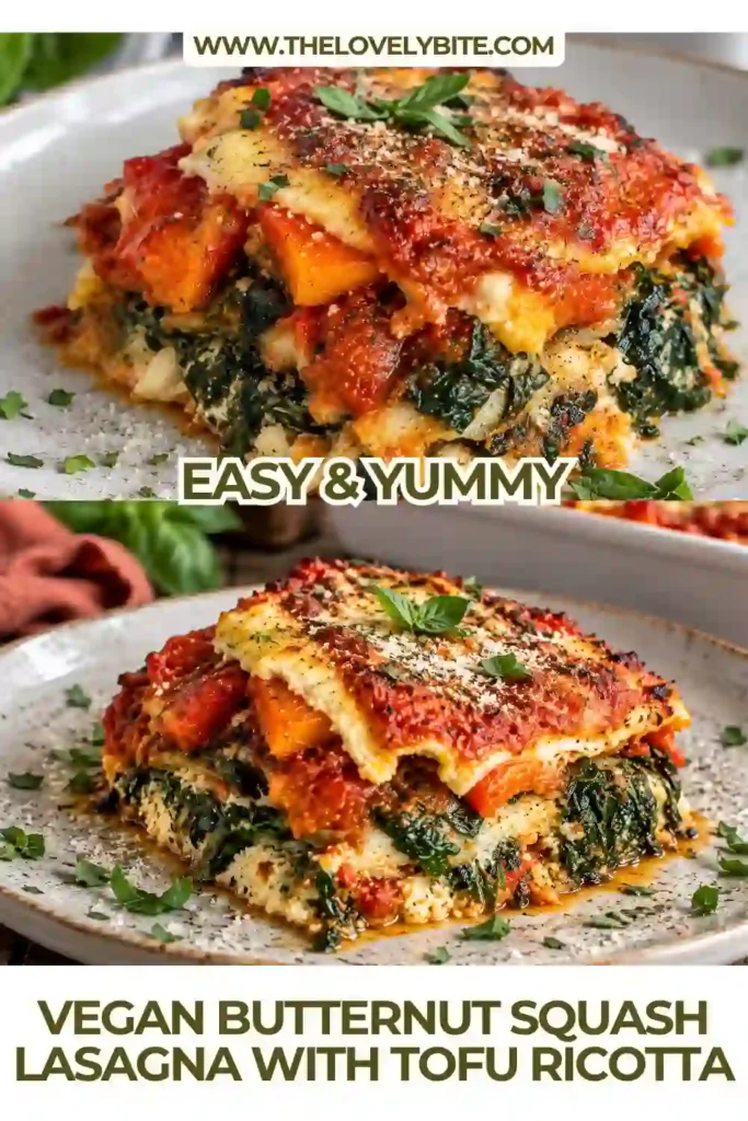 A warm slice of Vegan Butternut Squash Lasagna with golden squash layers, tofu ricotta, mushrooms, spinach, and rich tomato sauce. This comforting vegan fall dinner is dairy-free and gluten-free.
