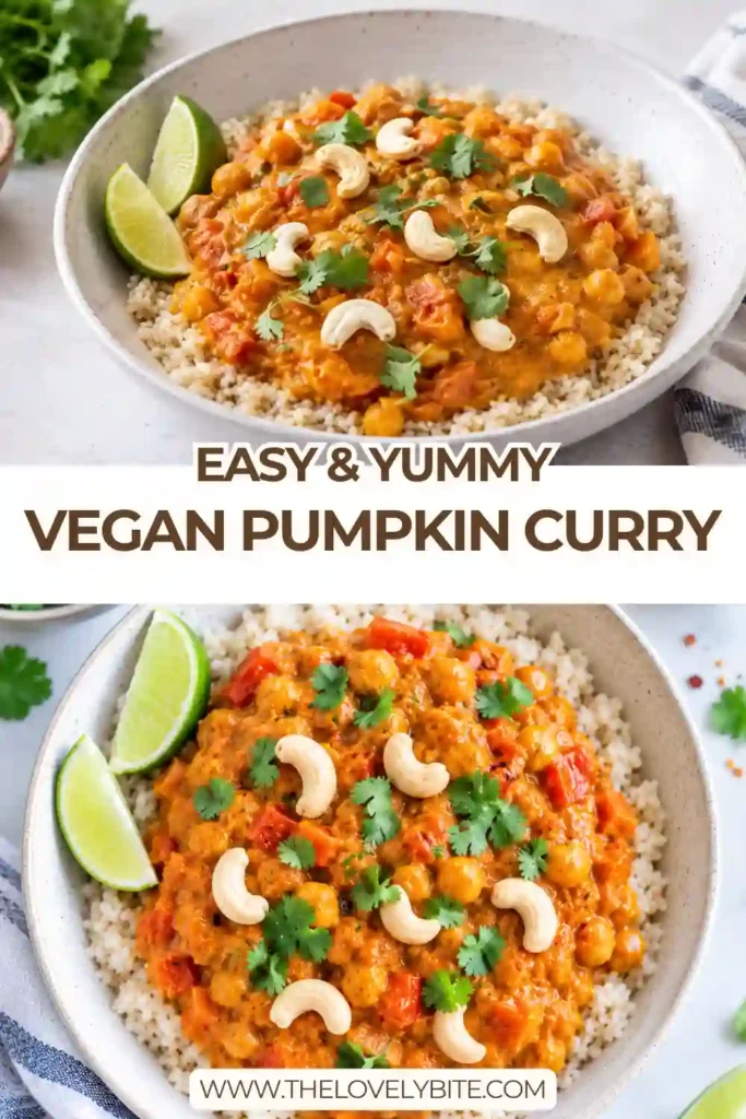 A bowl of creamy vegan pumpkin curry filled with chickpeas, pumpkin, tomatoes, and vegetables. The golden-orange curry is served with fluffy cauliflower rice and fresh cilantro.