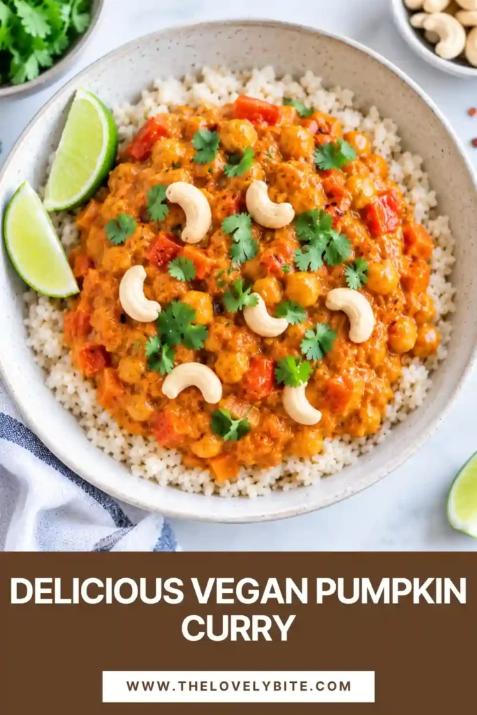 Homemade vegan pumpkin curry served in a bowl with chickpeas, carrots, tomatoes, and creamy coconut sauce. Fresh cilantro and cashews add color and texture to the dish.