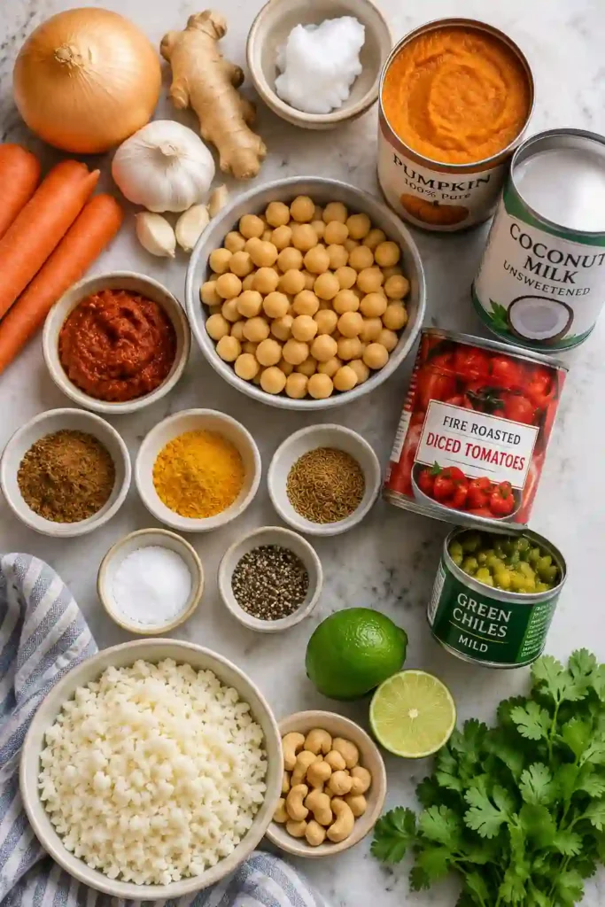 Close-up of creamy vegan pumpkin curry with tender chickpeas and colorful vegetables in a coconut-based sauce. The curry is garnished with cilantro and cashews and served with rice.