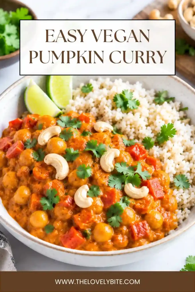A comforting bowl of one pot curry made with pumpkin, chickpeas, coconut milk, tomatoes, and warm spices. The curry is served over cauliflower rice with fresh green cilantro.