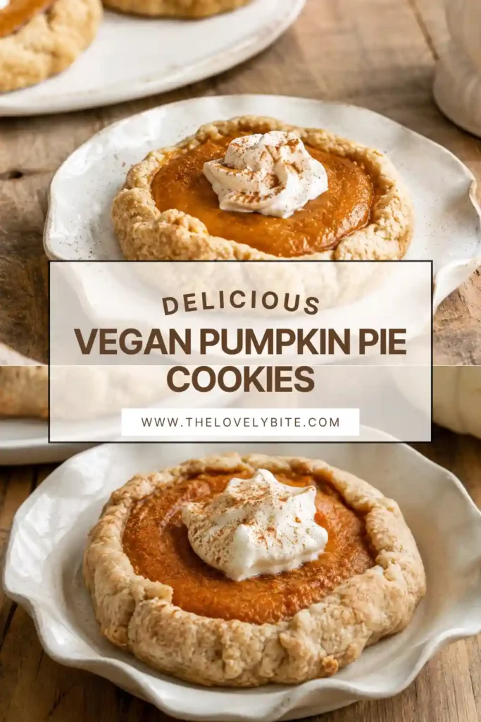 Vegan pumpkin pie cookies with golden sugar-coated edges and creamy pumpkin filling in the center. The cookies are topped with vegan whipped cream and a sprinkle of pumpkin pie spice.