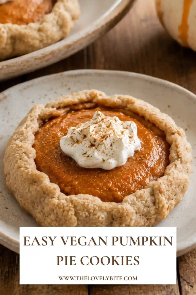 A close-up of vegan pumpkin pie cookies filled with smooth pumpkin puree and maple-spiced filling. Each pumpkin spice cookie has a tender golden edge and a soft center.