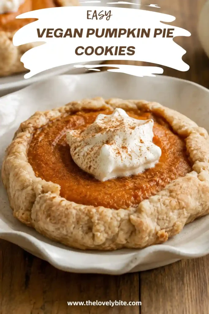 Homemade vegan pumpkin pie cookies arranged on a baking sheet with golden edges and pumpkin-filled centers. These dairy-free pumpkin cookies are finished with pumpkin pie spice.