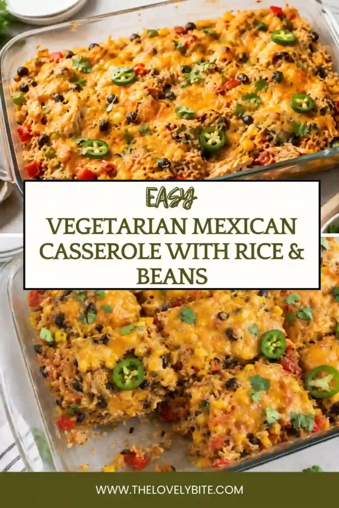 A baked vegetarian Mexican casserole filled with brown rice, black beans, corn, colorful bell peppers, tomatoes, and melted cheese. Fresh cilantro and sliced jalapeños garnish the bubbling casserole.