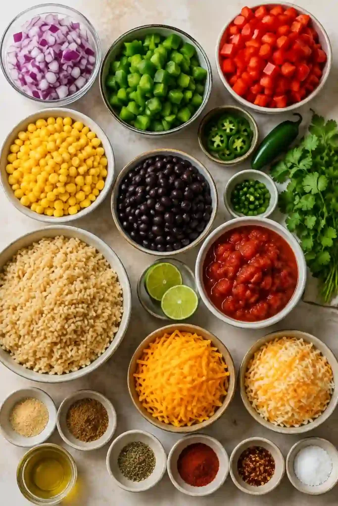 An easy Mexican casserole with brown rice, black beans, corn, peppers, fire-roasted tomatoes, and melted cheese served from a baking dish. Sliced jalapeños and cilantro garnish the top.
