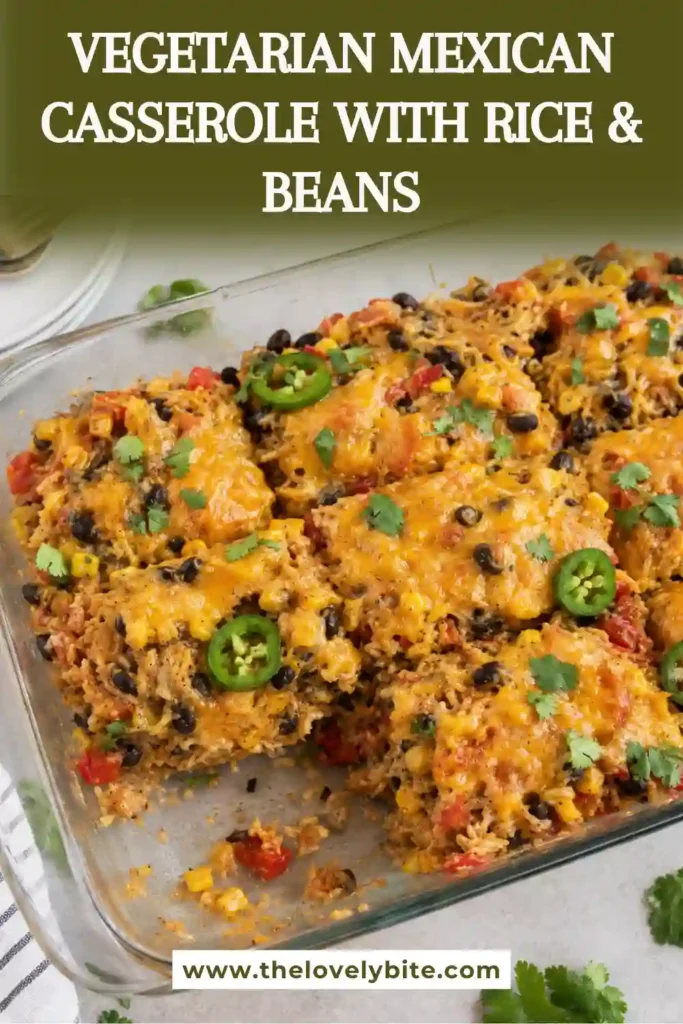 A hearty Mexican rice casserole made with seasoned brown rice, black beans, corn, peppers, and fire-roasted tomatoes. The top is covered with melted golden cheese and finished with fresh cilantro.