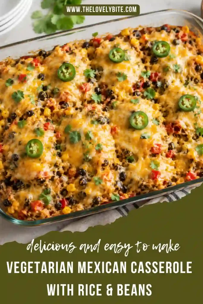 A healthy vegetarian casserole featuring brown rice, black beans, corn, bell peppers, jalapeños, and tomatoes beneath a layer of melted cheese. Fresh cilantro adds a bright green garnish.