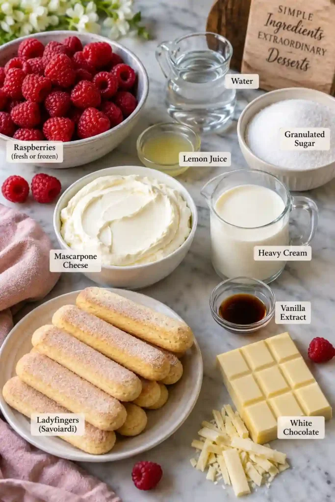 Close-up of White Chocolate Raspberry Tiramisu showing creamy mascarpone filling, raspberry-soaked ladyfingers, and white chocolate shavings. This white chocolate tiramisu has a soft, luxurious texture and fresh berry flavor.