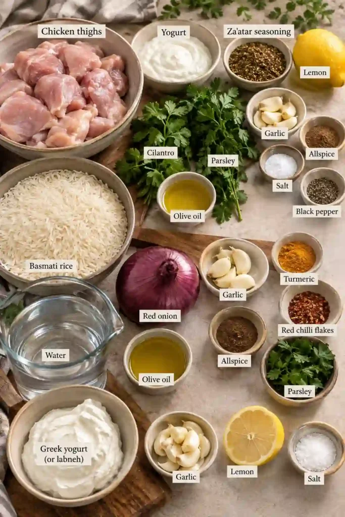 Homemade zaatar chicken and rice with juicy chicken thighs, fluffy basmati rice, fresh parsley, and creamy yogurt sauce. The flavorful dish is served as an easy Middle Eastern-inspired family dinner.