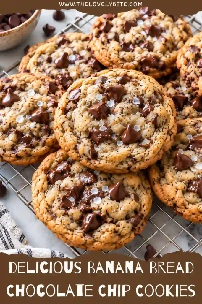 A batch of homemade brown butter banana cookies filled with pools of melted chocolate. These soft banana cookies combine classic chocolate chip cookies with cozy banana bread flavors.