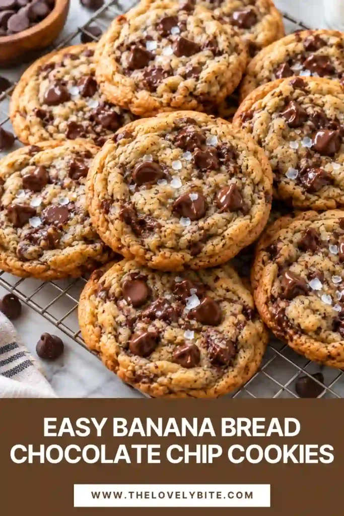 Banana Bread Chocolate Chip Cookies topped with flaky sea salt and loaded with chocolate chips. Ripe banana and brown butter create a soft, chewy cookie with warm cinnamon flavor.