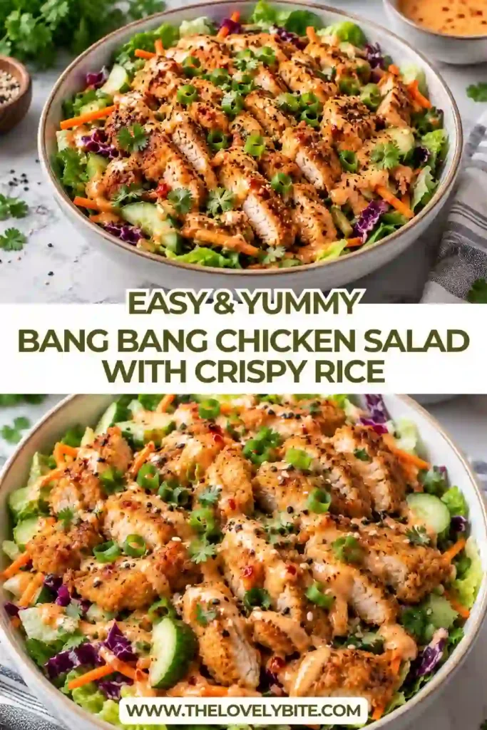 Fresh crispy rice chicken salad with tender chicken breast, crunchy vegetables, mixed greens, and creamy spicy dressing. Golden rice adds extra texture to the colorful salad.