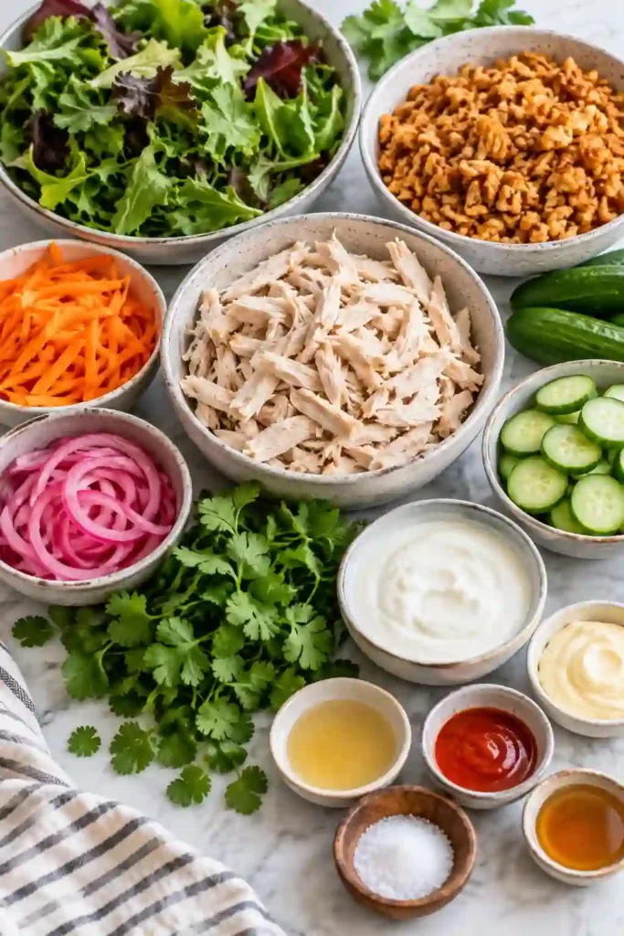 Bang Bang Chicken Salad topped with shredded chicken, golden crispy rice, cucumber, carrots, cilantro, and pickled red onions. Creamy bang bang dressing adds a sweet and spicy finish.