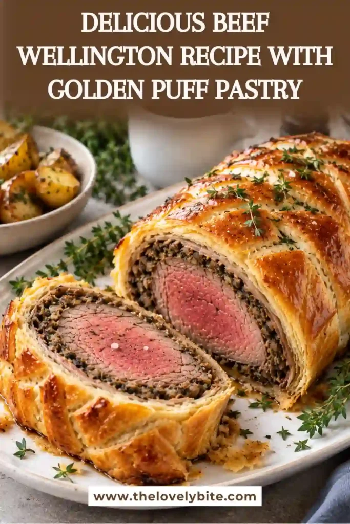 Homemade beef wellington sliced on a serving platter with golden puff pastry and tender beef inside. The mushroom filling creates a savory layer between the beef and crisp pastry.