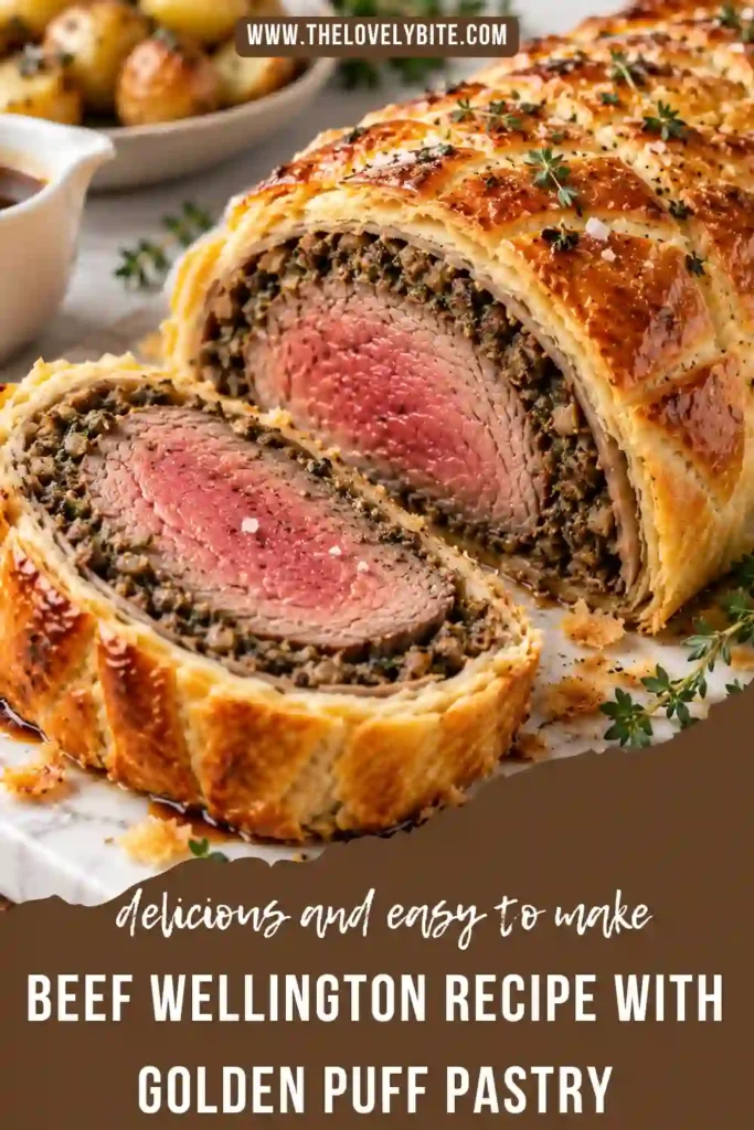 Classic beef wellington made with beef tenderloin, mushroom filling, and beautifully browned puff pastry. Thick slices display the tender beef and flaky pastry layers.