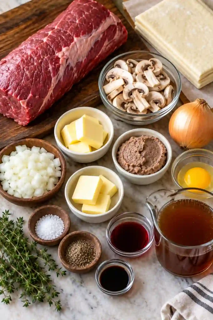 Sliced Beef Wellington Recipe featuring tender beef tenderloin surrounded by savory mushrooms and flaky golden puff pastry. The crisp pastry reveals a juicy pink beef center.