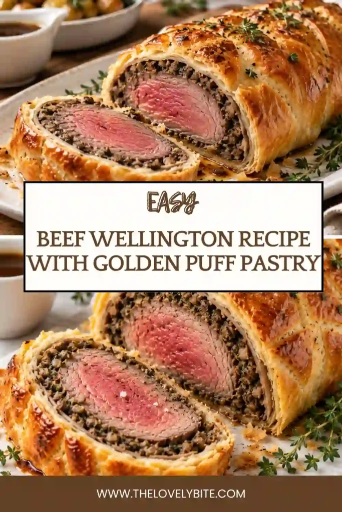 Puff pastry beef wellington served warm with an alcohol-free savory beef sauce. Golden pastry surrounds tender beef and a rich mushroom filling.