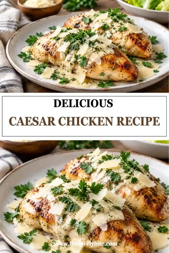 Melt In Your Mouth Caesar Chicken served with creamy Parmesan Caesar sauce and fresh parsley. The golden chicken breast is topped with Parmesan for a rich and easy chicken dinner.