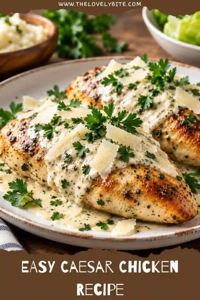 Creamy Caesar chicken with juicy skillet-cooked chicken breasts, Parmesan cheese, garlic, and fresh parsley. This simple skillet chicken recipe has a golden exterior and creamy topping.