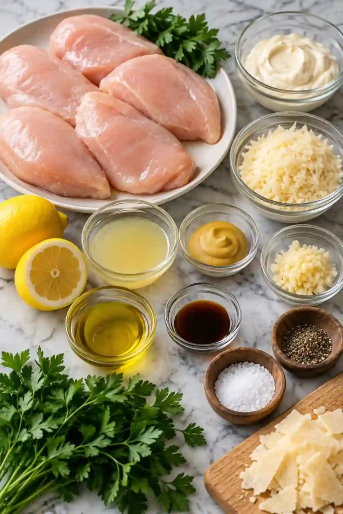 Golden skillet chicken breast topped with creamy Caesar sauce, grated Parmesan, and chopped parsley. This easy chicken dinner combines savory garlic, lemon, and Parmesan flavors.