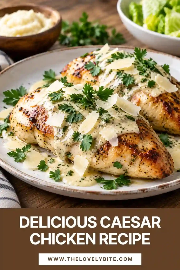 Tender Parmesan chicken covered with a creamy Caesar-inspired garlic and lemon sauce. The finished chicken is garnished with Parmesan shavings and fresh parsley.